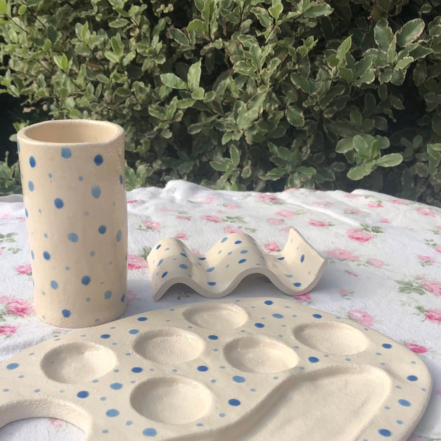 Ceramic Artists Set Paint Palette Brush Rest Water Pot White Clay