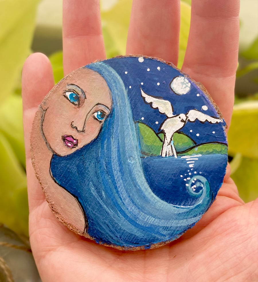 Mermaid & Dove Painting On A Wood Slice Miniature Mermaid Art Fridge Magnet