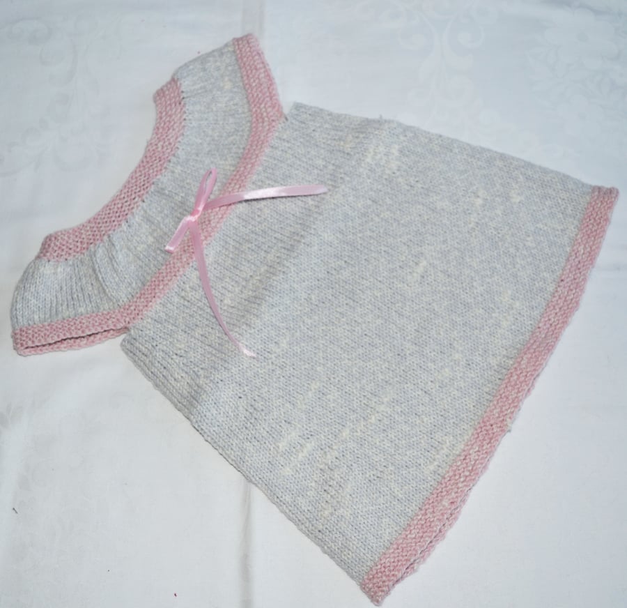 Hand Knitted Baby Summer Dress Grey Pink Organic Cotton Merino 12 months