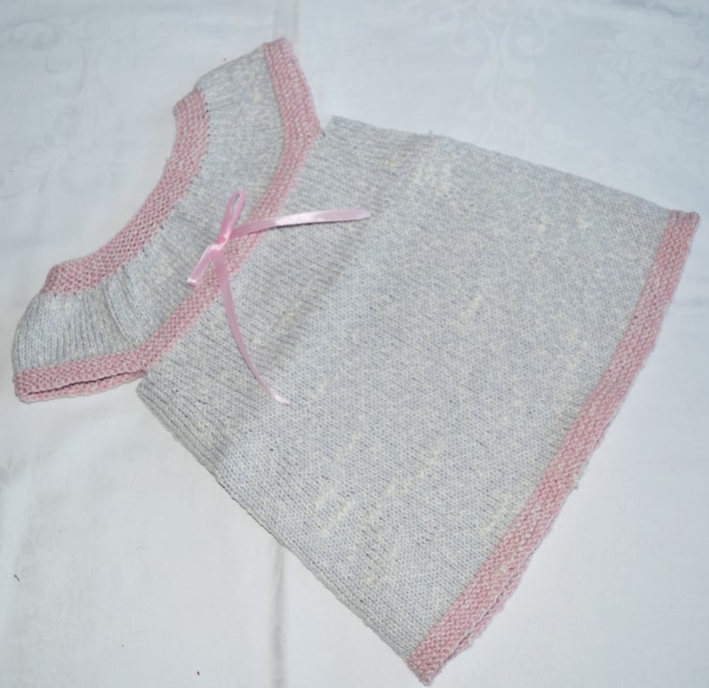 Hand Knitted Baby Summer Dress Grey Pink Organic Cotton Merino 12 months