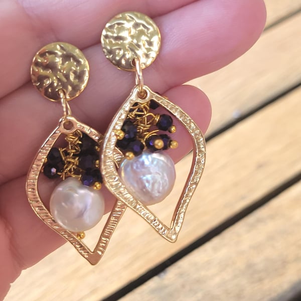 Purple Crystal and Pearl Drop Earrings - Handmade Jewelry