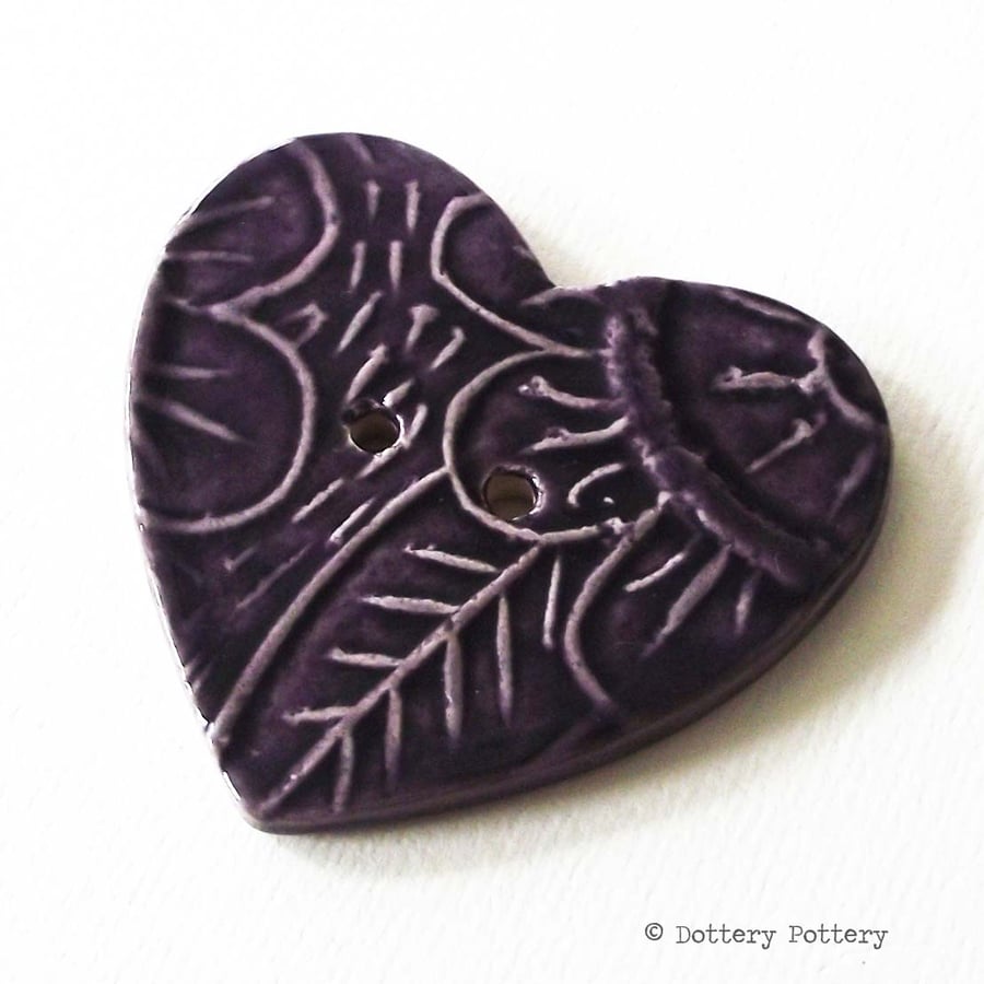 Sale Large ceramic heart button purple pottery button