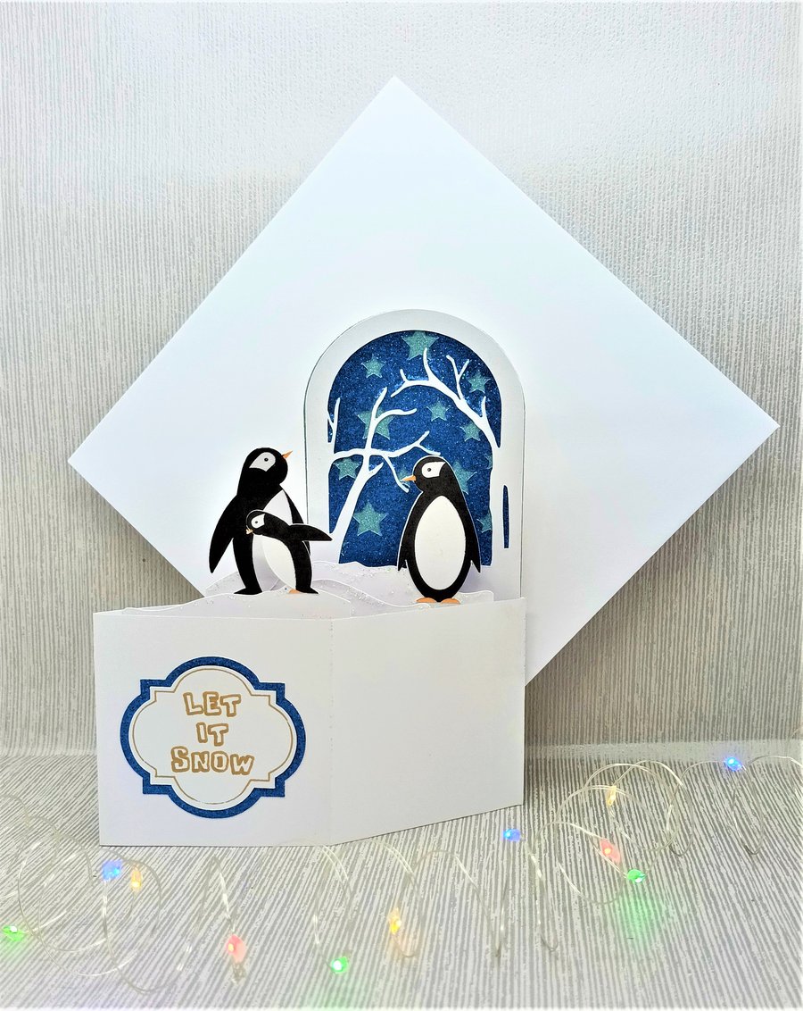 Cute penguin family 'let it snow' 3d pop up card