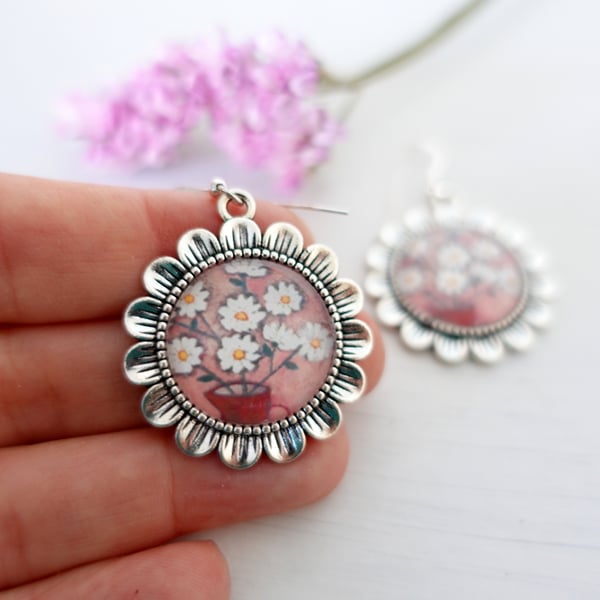 Daisy Dangle Earrings with Art Print, Floral Jewellery Gift Idea, Pink Accessory