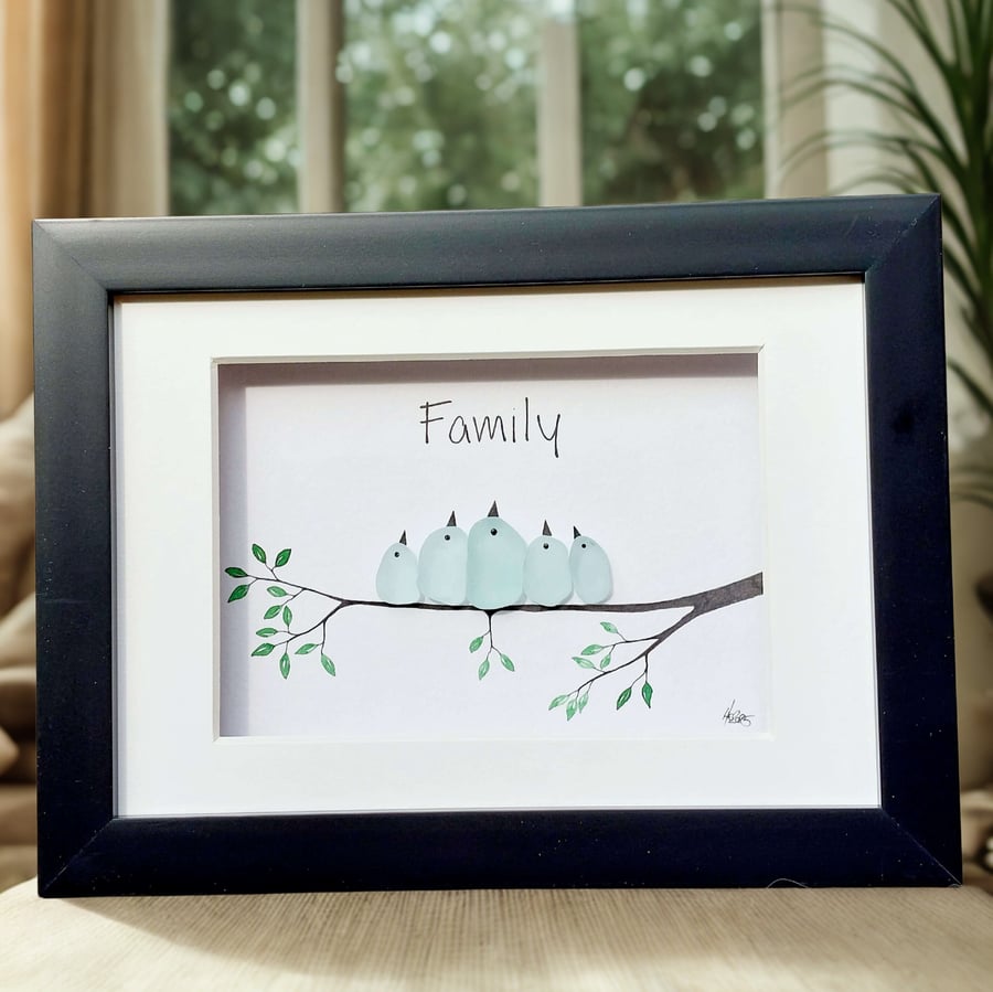 Sea Glass Family Wall Art Picture, Sea Glass Birds Family - Framed Pebble Art