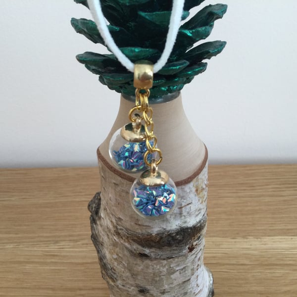 Blue Glass Globe Glitter Ball Pendant Necklace