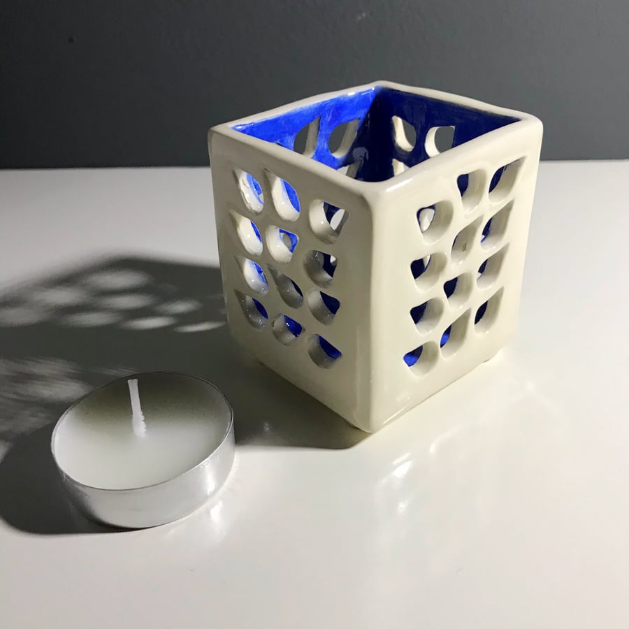 Ceramic square hand built tealight holder mid blue. 