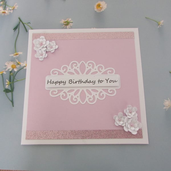 Birthday Card Lilac & Glitter with White Flowers
