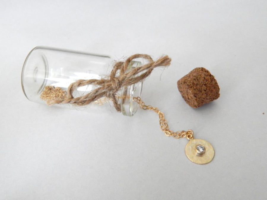 Dime - Hammered Coin with Cubic Zirconia, 14k Gold Filled, Disk, Vermeil