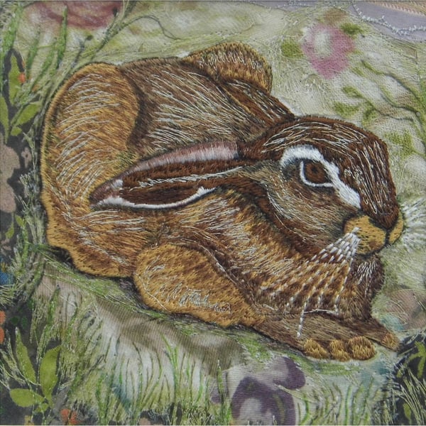 'Sitting Hare' Original Embroidery Collage