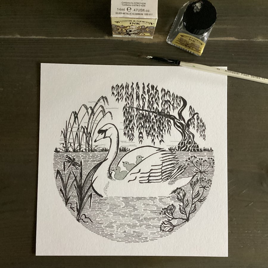 Swan and cygnets art print, hand embellished silver ink illustration, nature 