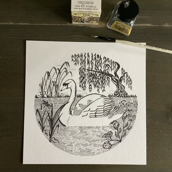 Swan and cygnets art print, hand embellished silver ink illustration, nature 