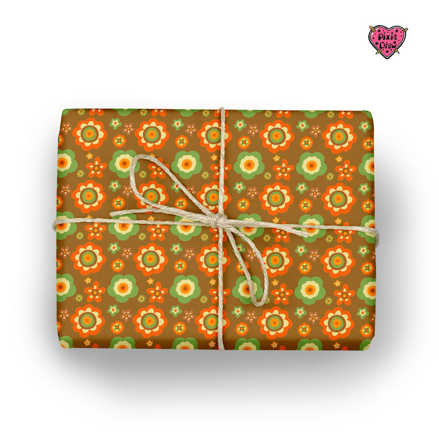 1970s style floral wrapping paper, 2 x A3 sheets, brown, orange and green floral