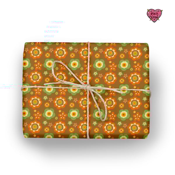 1970s style floral wrapping paper, 2 x A3 sheets, brown, orange and green floral