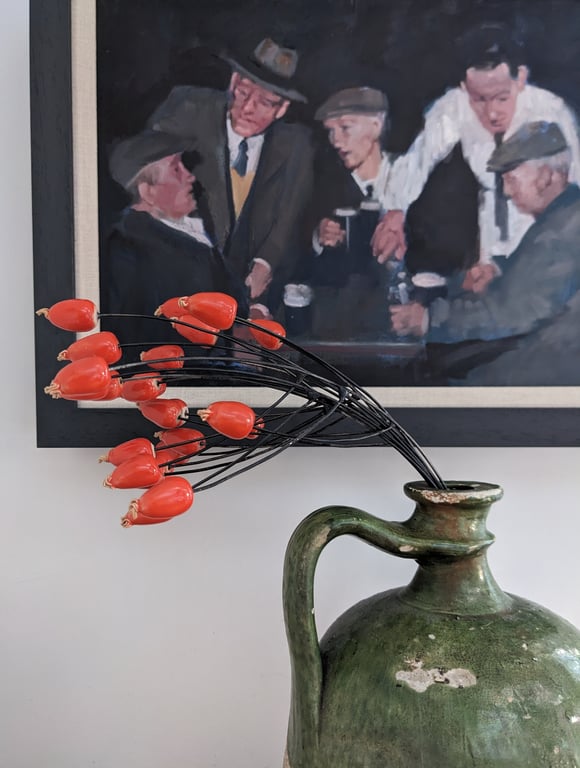 Ceramic Rosehips Flowers, Wired for Arranging, Two stems (four berries) in Red 