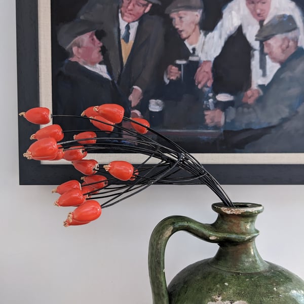 Ceramic Rosehips Flowers, Wired for Arranging, Two stems (four berries) in Red 