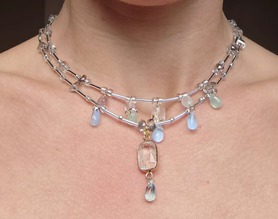 Glass Bead Necklace with Pastel Drop Charms Double Layer Statement Necklace
