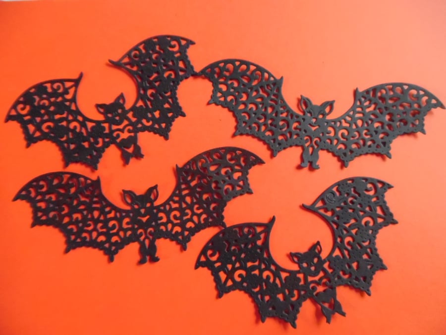 4 x Large Black Bat Filigree Die Cuts. Silhouettes Hallowe'en Card Topper