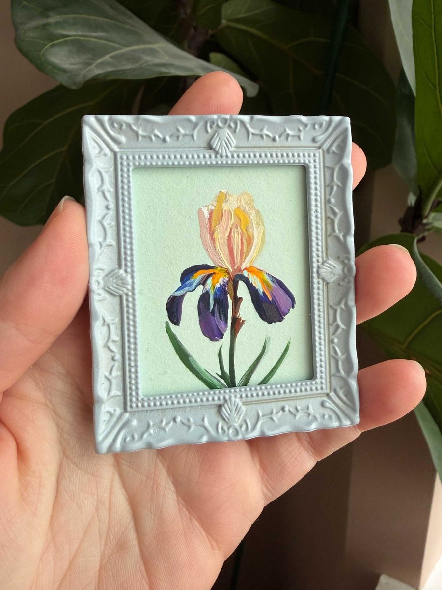 Iris Miniature Framed Painting, February Birth Flower, Cottagecore Gift