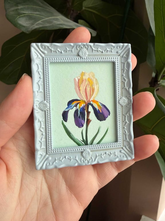 Iris Miniature Framed Painting, February Birth Flower, Cottagecore Gift