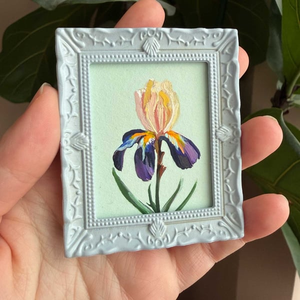 Iris Miniature Framed Painting, February Birth Flower, Cottagecore Gift