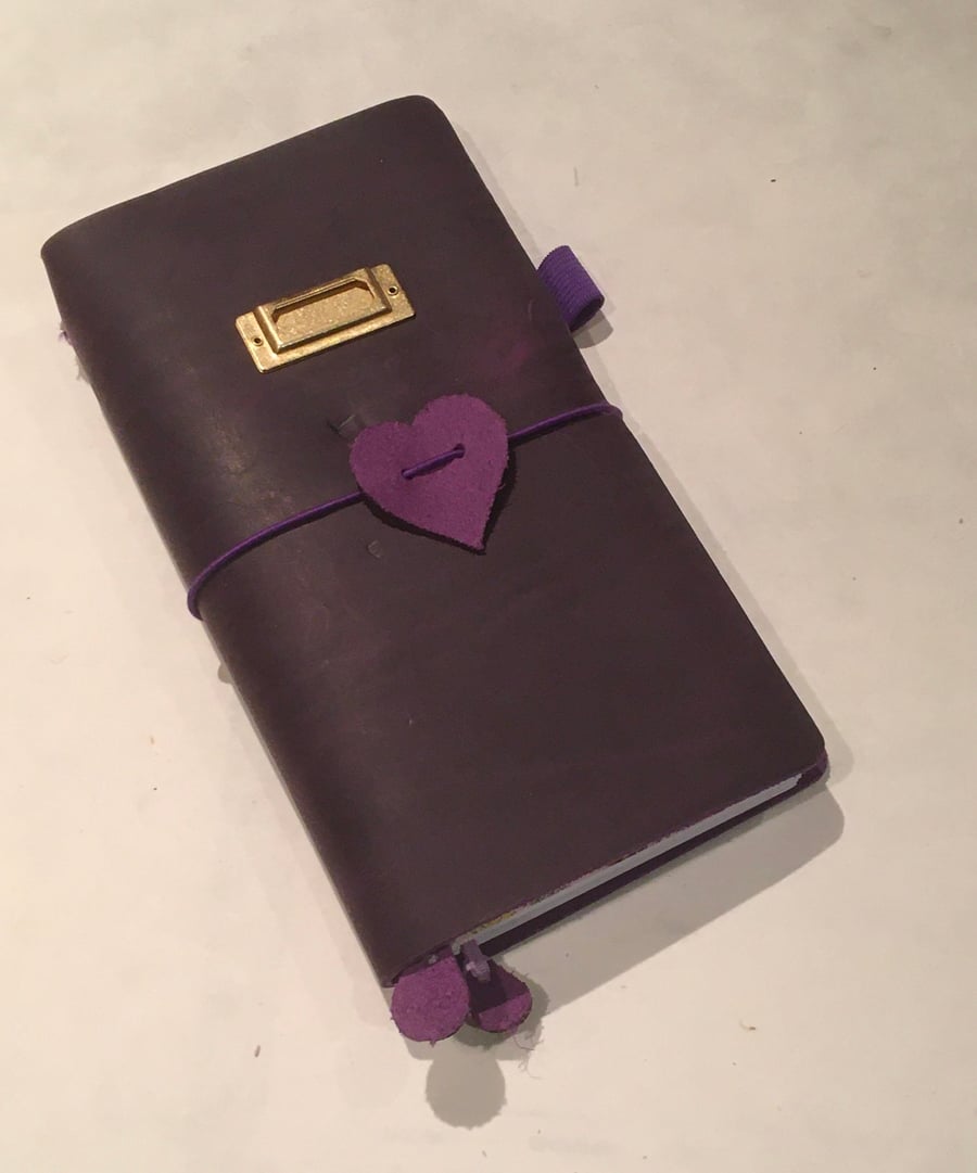 Handmade Purple Heart & Flowers Leather Journal