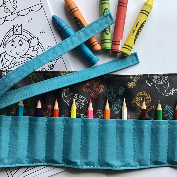 Children’s pencil, wax crayon roll, zoo animal themed 