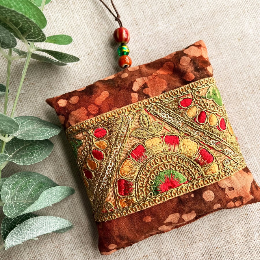 A pretty boho lavender bag with Indian embroidered trim, scented gift