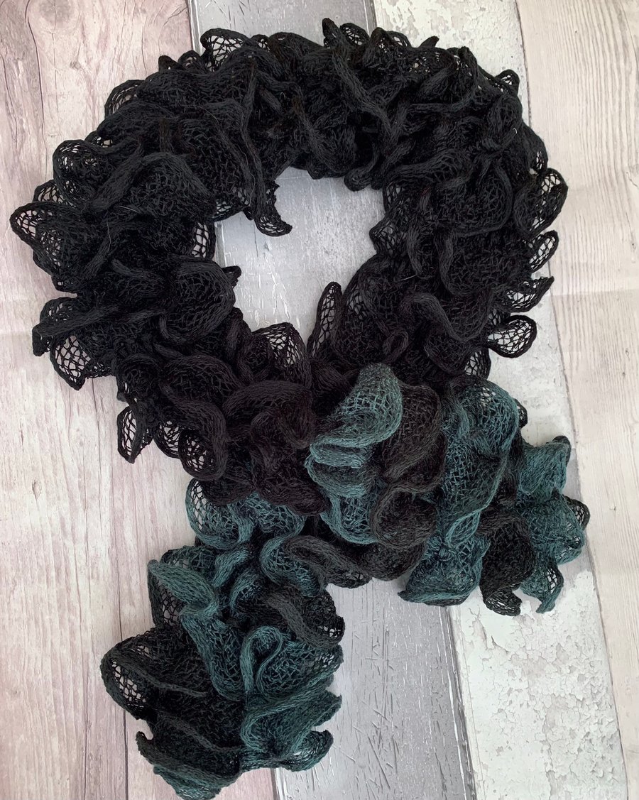 Knitted black scarf with grey frill edging , mother day gift 