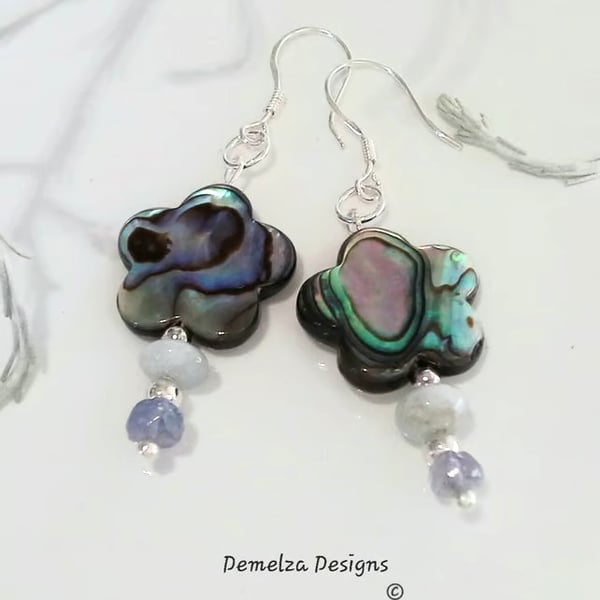 Abalone Shell, Tanzanite & Aquamarine Sterling Silver Earrings