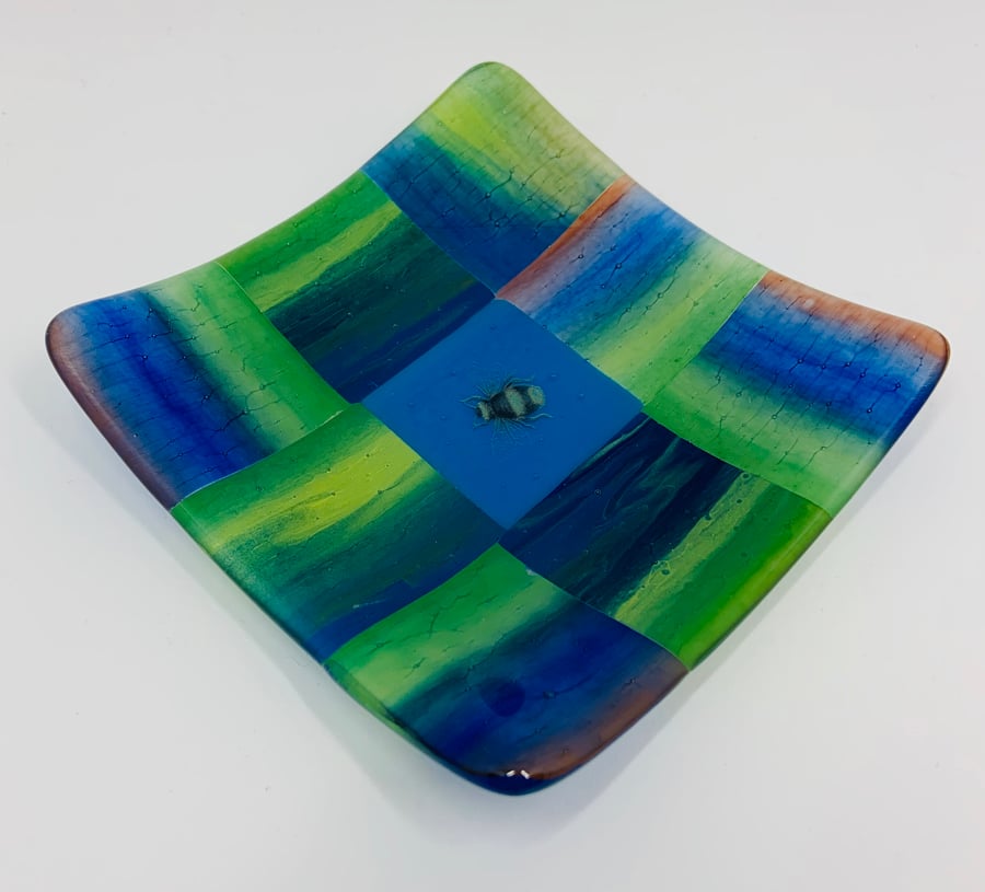 Beautiful Patchwork Fused Glass and Enamel hand painted trinket dish.