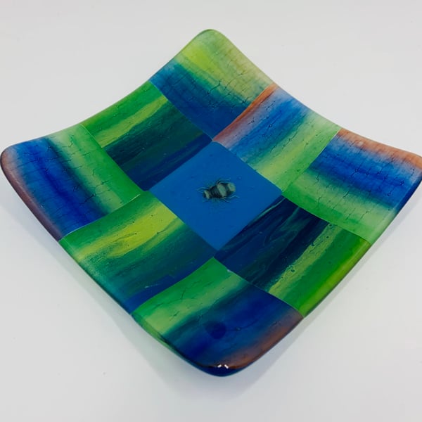 Beautiful Patchwork Fused Glass and Enamel hand painted trinket dish.