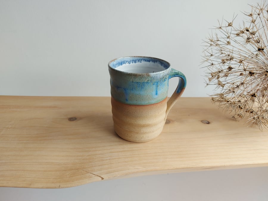 Handmade thrown stoneware pottery mug sea blue green