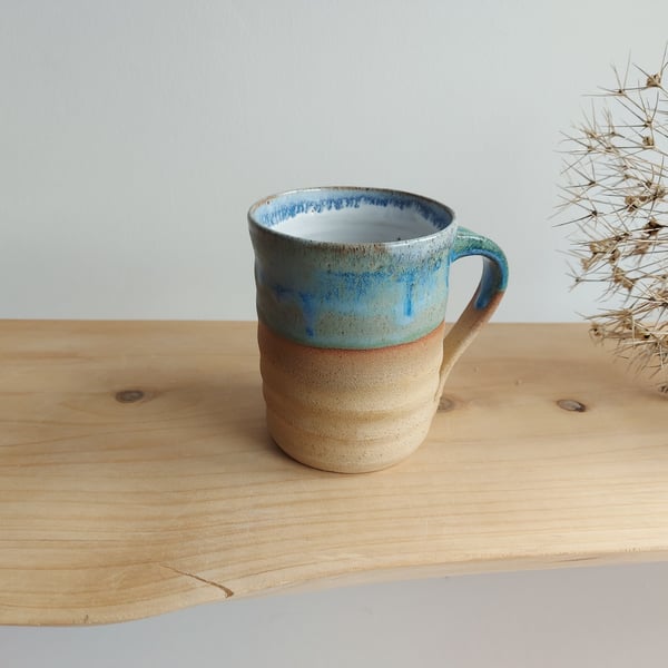 Handmade thrown stoneware pottery mug sea blue green