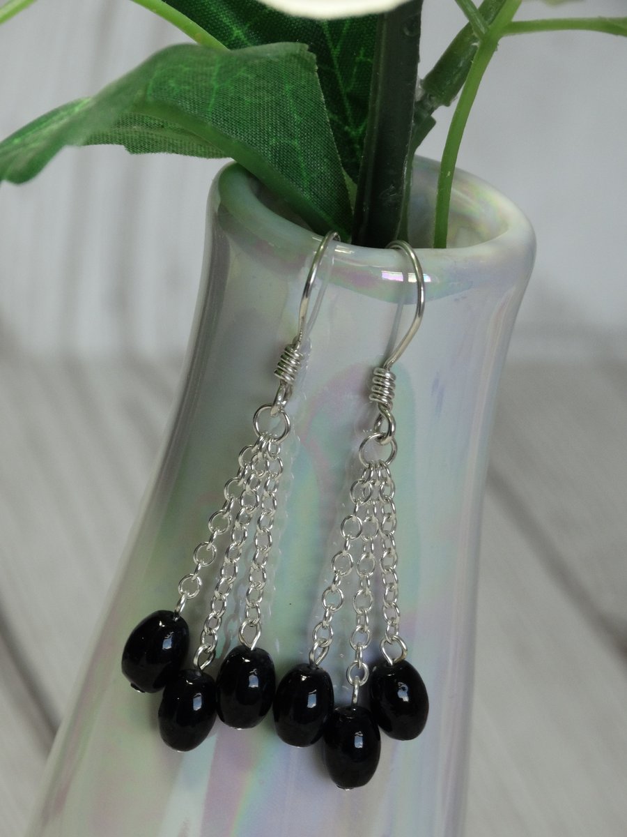 Black riverstone bead and chain dangle earrings