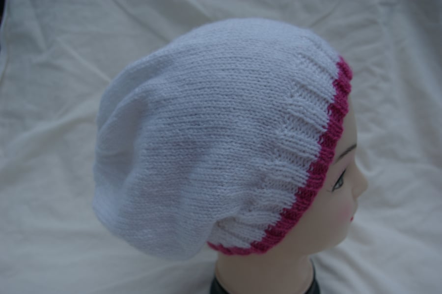 Slouch Beanie Hat in White with a Dusty Pink border