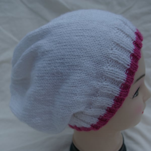 Slouch Beanie Hat in White with a Dusty Pink border