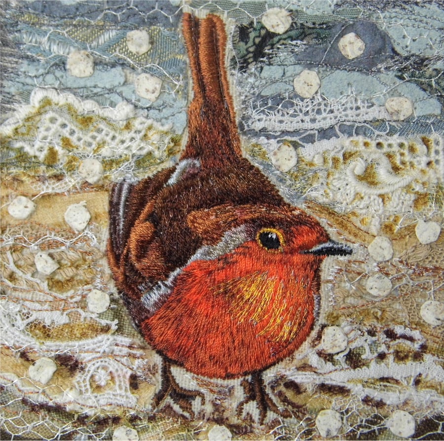 Little Robin - Original Embroidery Collage