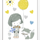 Cute child with fox, balloon and flowers, hand drawn, framed ready to hang