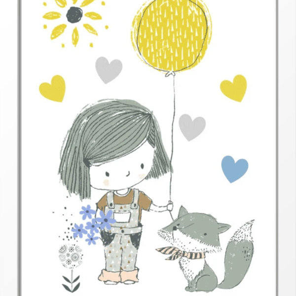 Cute child with fox, balloon and flowers, hand drawn, framed ready to hang
