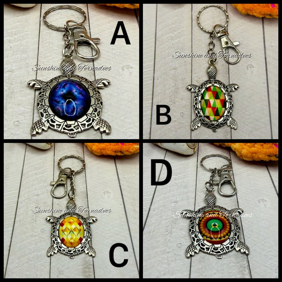 Handmade Turtle Keyring - Glass Cabochon Turtle Keychain - Sea Turtle Bag Charm 