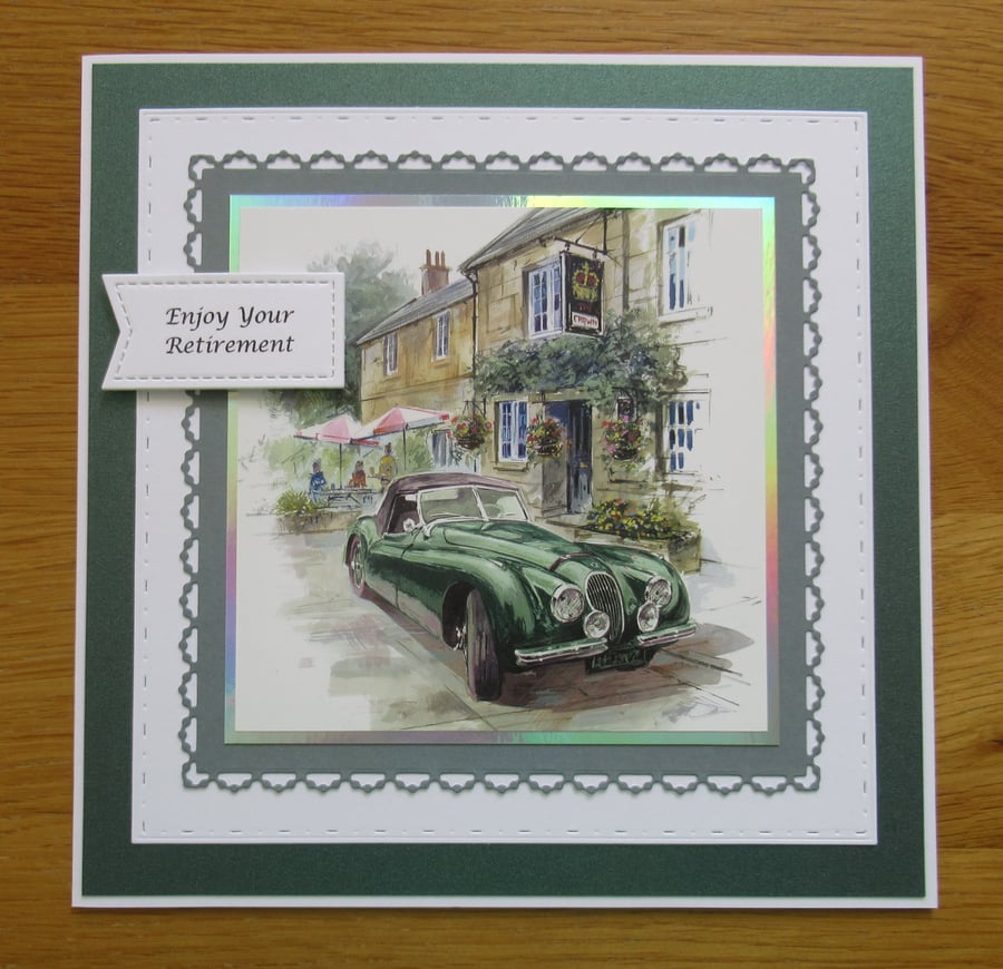 Vintage Car By The Pub - Large Retirement Card (19x19cm)