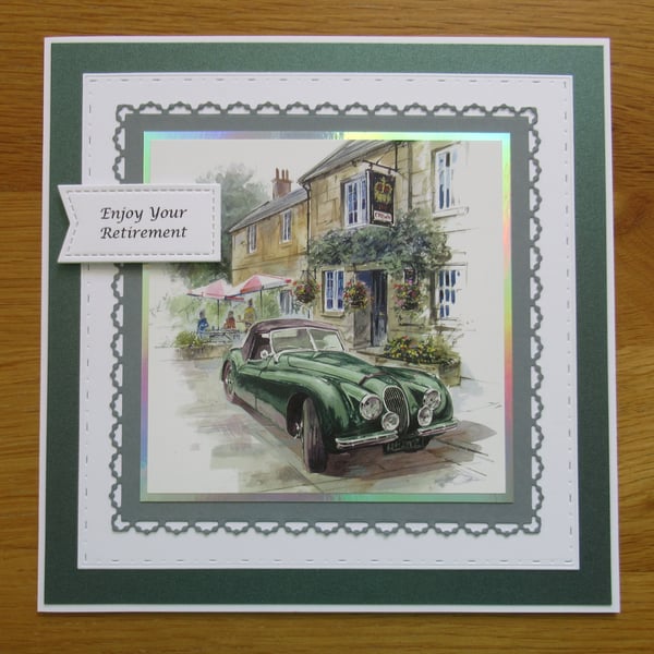 Vintage Car By The Pub - Large Retirement Card (19x19cm)
