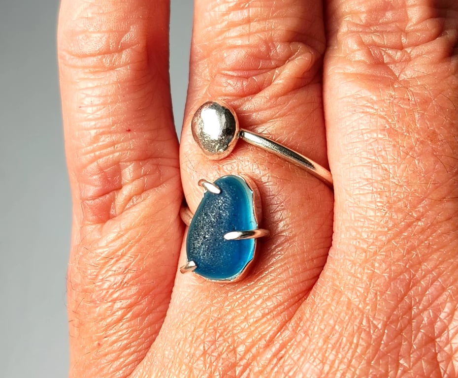 Blue Seaham Multi Seaglass Adjustable Ring Recycled Sterling Silver Gift