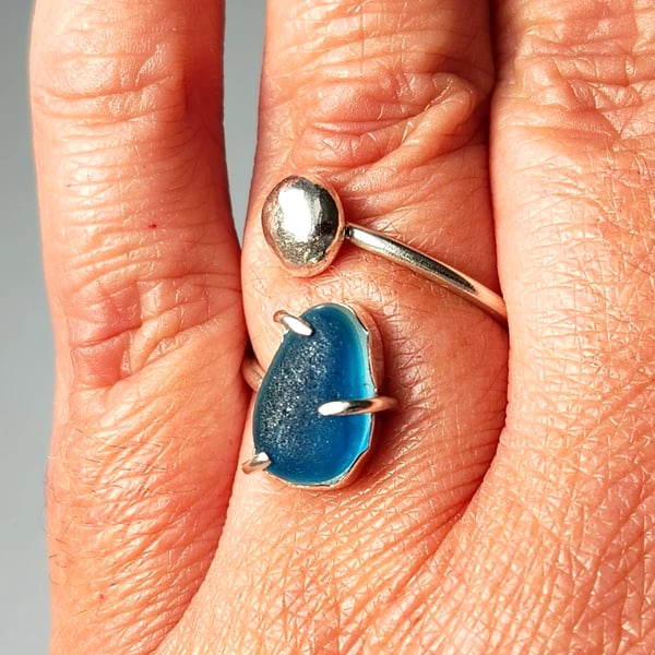 Blue Seaham Multi Seaglass Adjustable Ring Recycled Sterling Silver Gift
