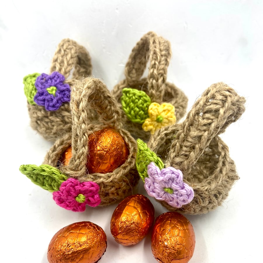 Three Crochet Jute Mini Egg Baskets 