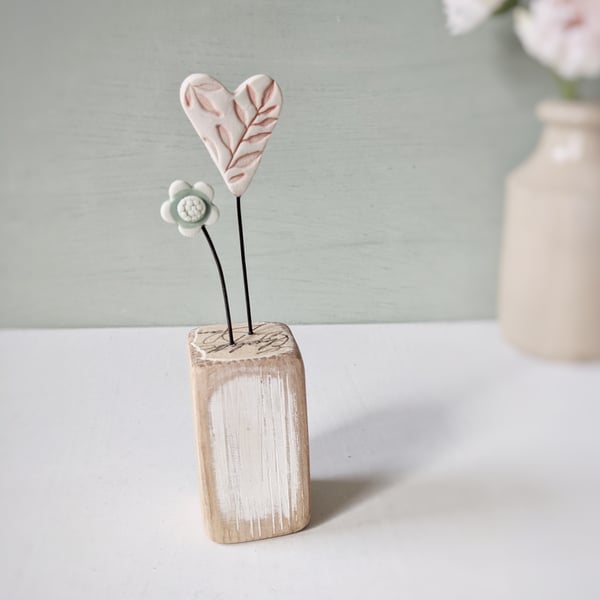 Heart with Little Flower in a Stamped Wood Block