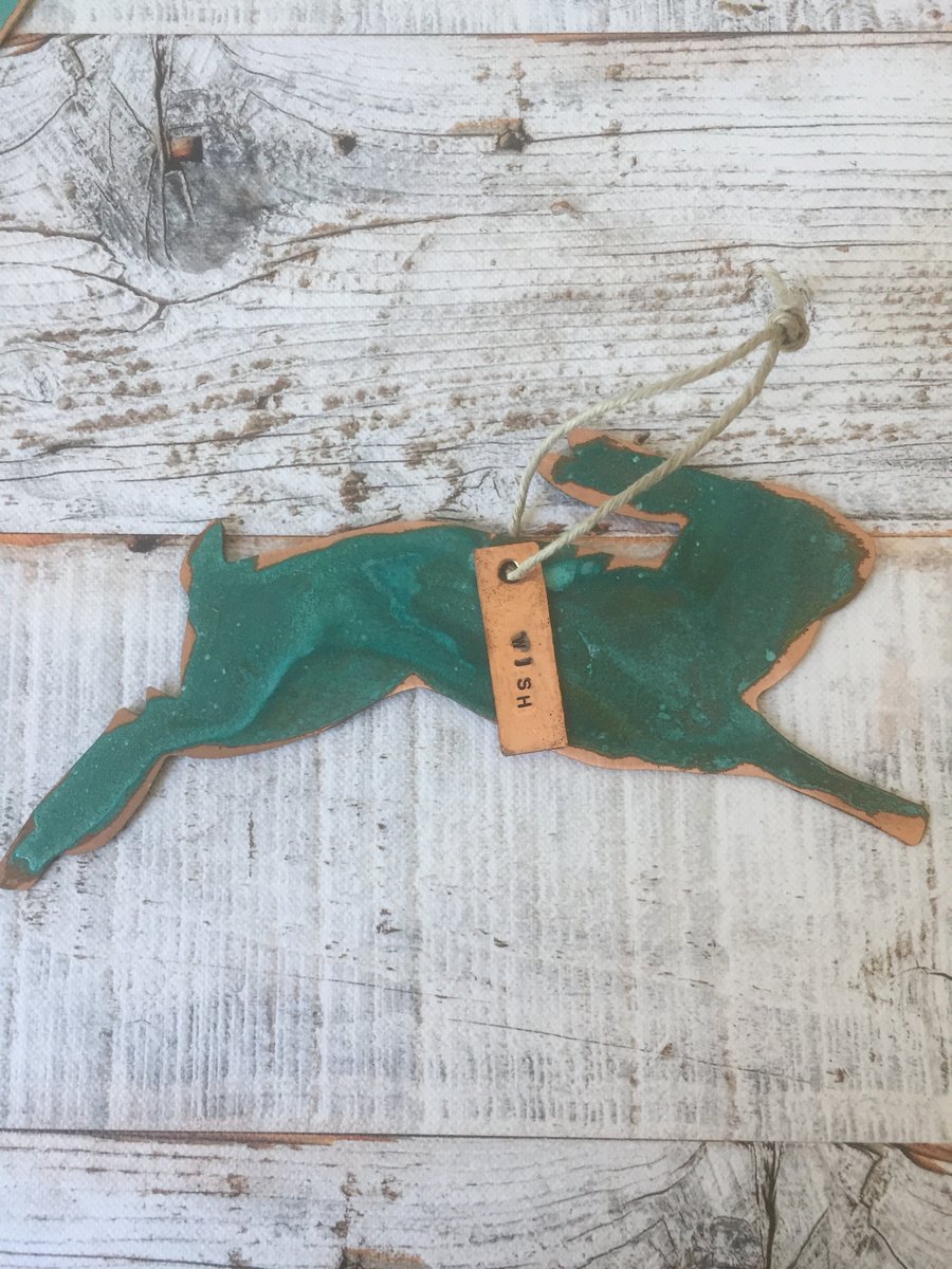 Leaping hare verdigris copper decoration