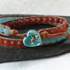 Red and blue agate double wrap leather bracelet with ceramic heart button 