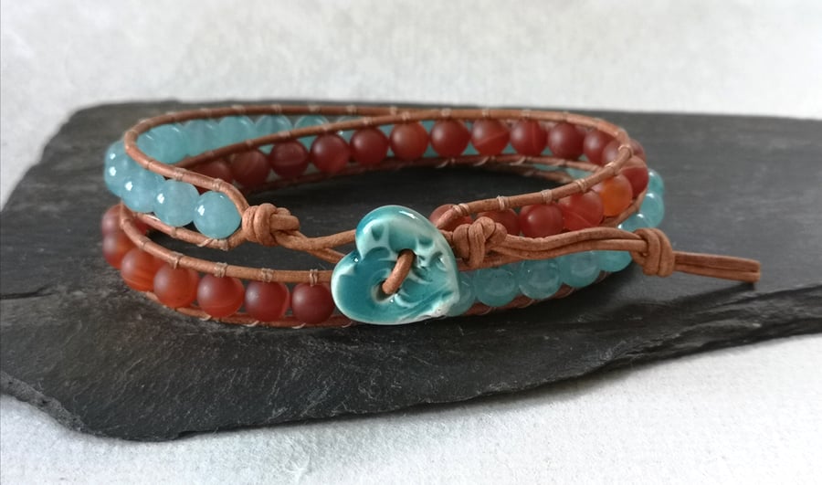 Red and blue agate double wrap leather bracelet with ceramic heart button 